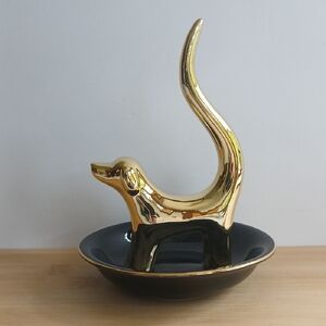 Gold Dog Ring Holder with Black Dish